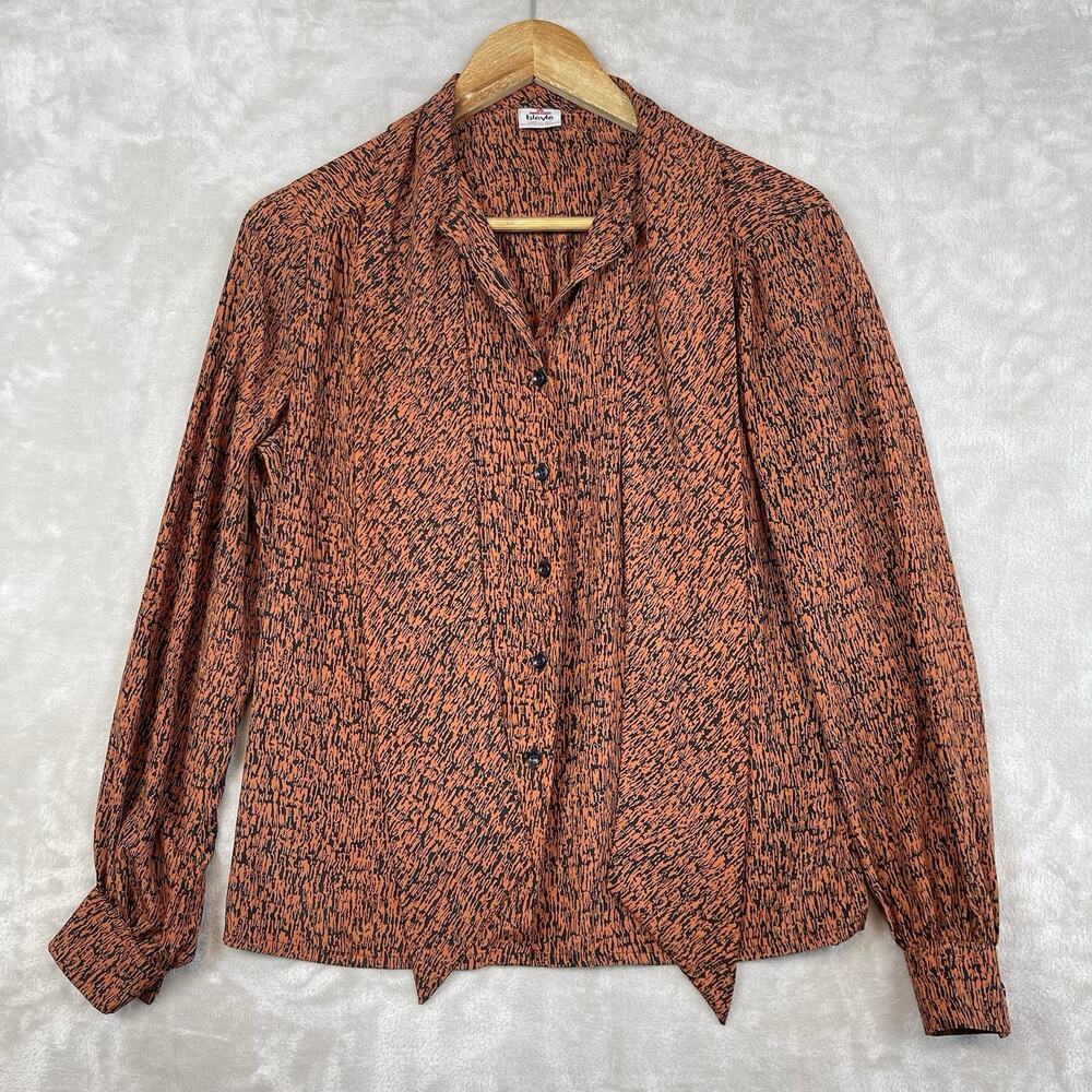Bleyle Vintage 70s Secretary Blouse Size 6 Pussybow Bark Print USA Made Retro